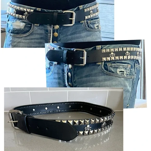 Hot Topic Y2K Skull & Crossbones Black Leather Belt with Silver Buckle 36” Goth - Picture 2 of 12